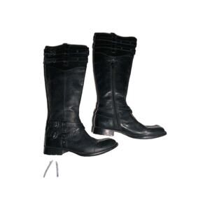 BORN Gwynne Tall Boots Womens Size 8 M Black Leather Moto Studded Harness Buckle